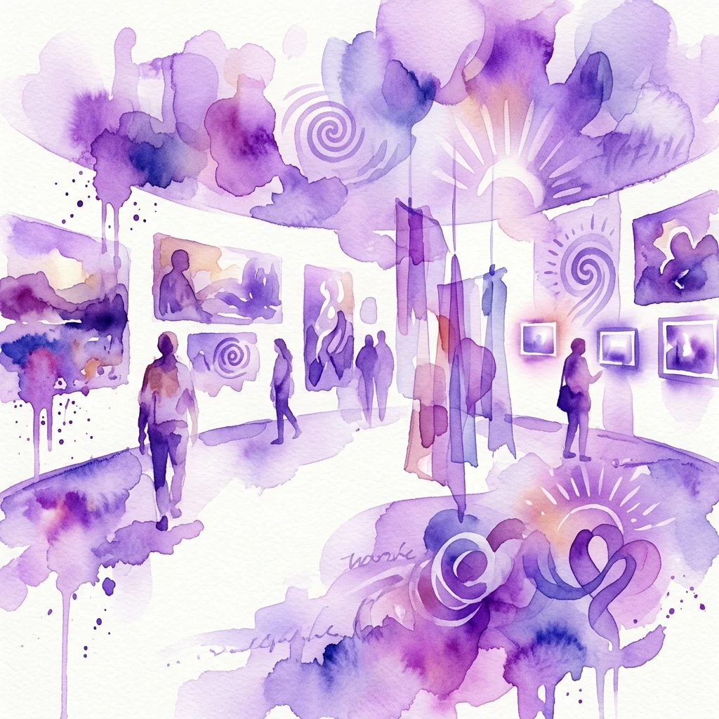 Waterverfillustratie van een kunstexpositie met paarse en blauwe tinten, met bezoekers die kunstwerken aan muren en hangende installaties bekijken, die de 'Mi Mundo'-tentoonstelling over verslavingsherstel en persoonlijke transformatie vertegenwoordigen.