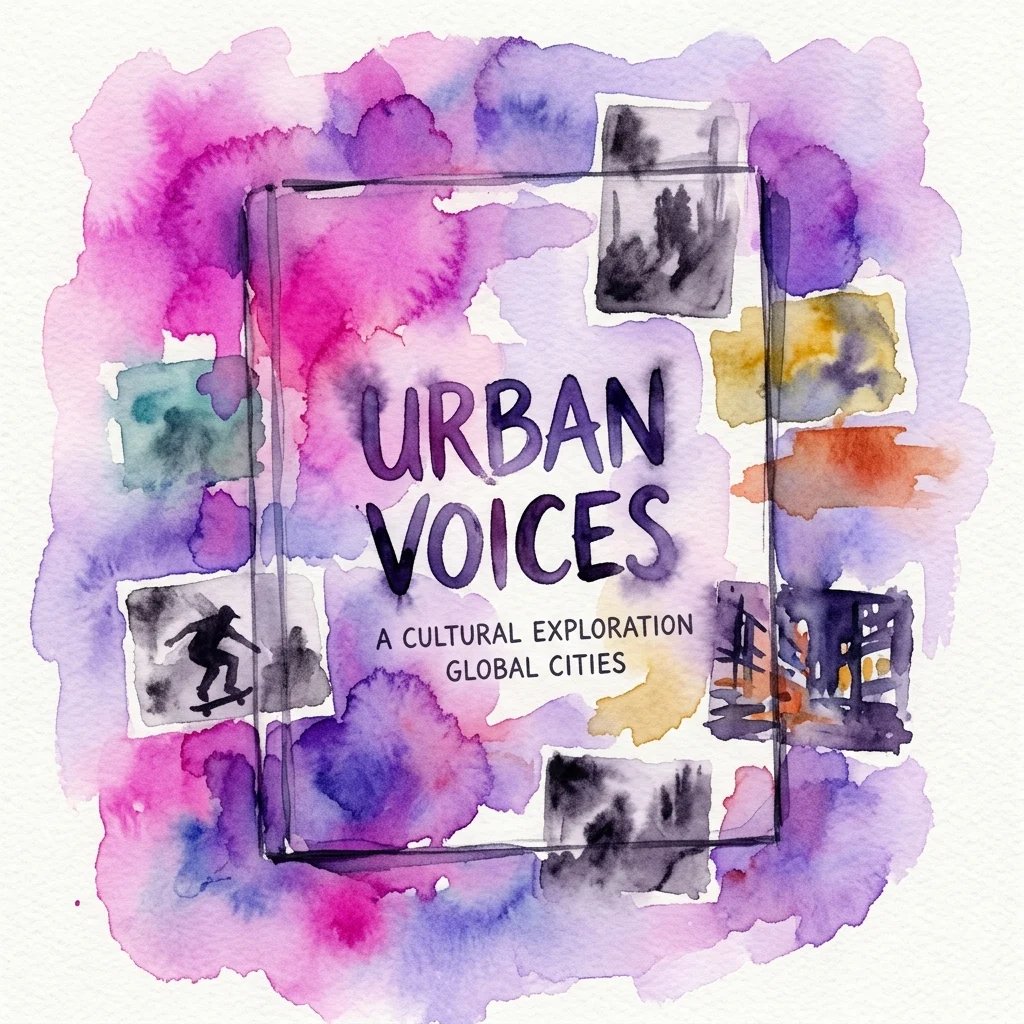 Ilustración en acuarela de la portada de un libro titulado 'Urban Voices: A Cultural Exploration Global Cities' rodeada de salpicaduras abstractas púrpuras y rosas, con pequeñas imágenes en blanco y negro de escenas urbanas.