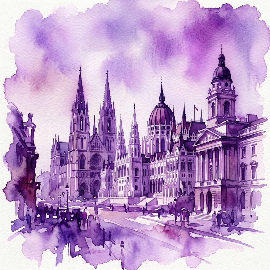 A purple watercolor illustration of 19th-century monumental architecture, featuring a grand cathedral with spires and a domed building, evoking historical architectural photography.