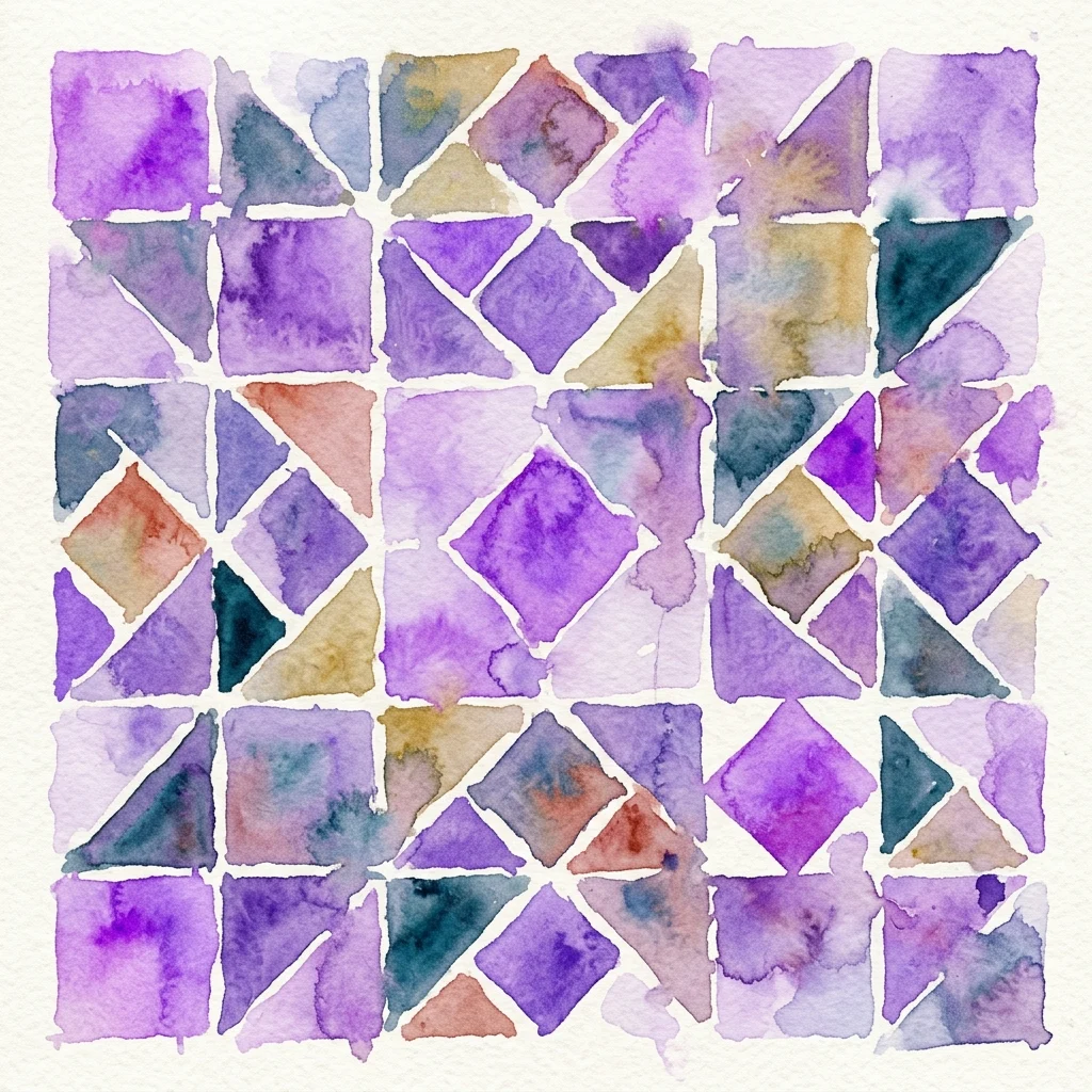 Abstract mozaïek van aquarel met geometrische vormen in paars, blauw en aardetinten, geïnspireerd op Romeinse mozaïekkunst.
