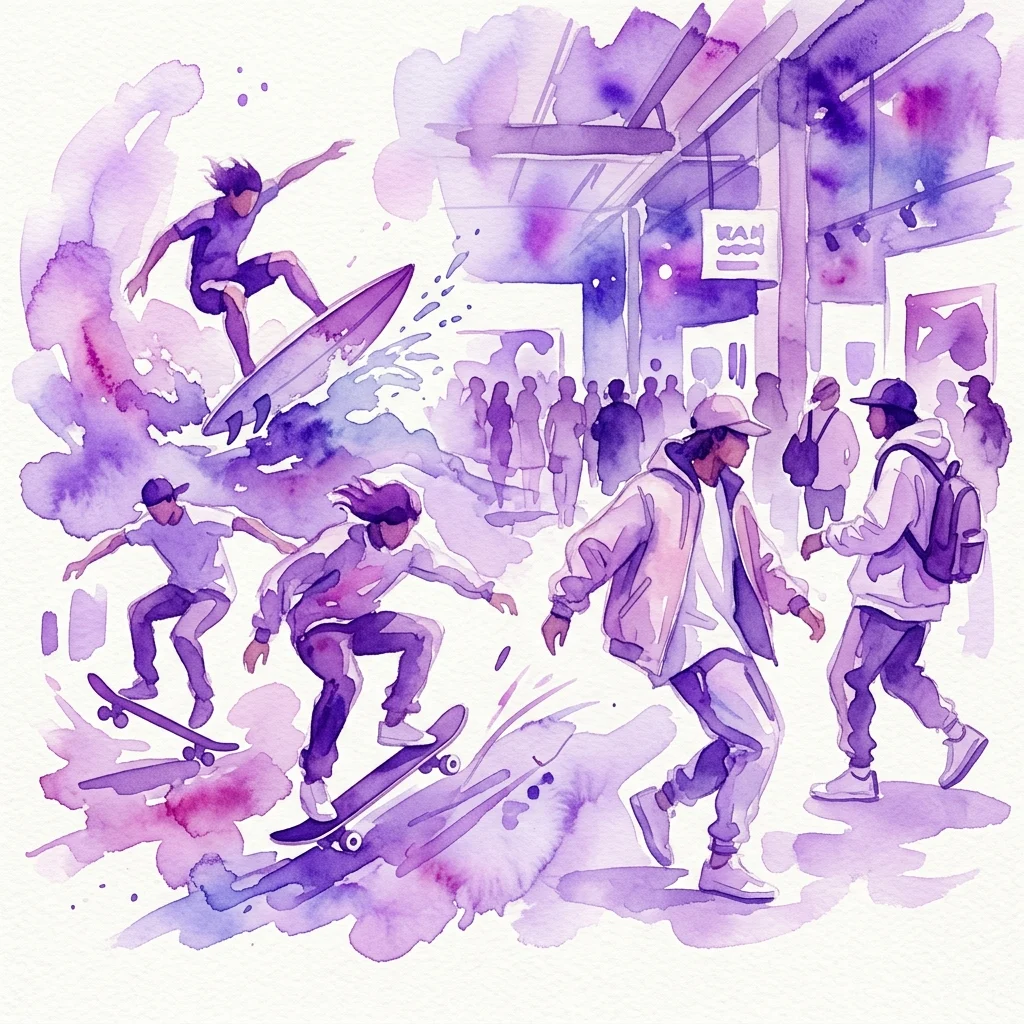 Ilustracja akwarelowa przedstawiająca skrzyżowanie mody i sportów ekstremalnych, z rolkarzami i surferem w dynamicznym ruchu, na tle nowoczesnej przestrzeni eventowej z widzami.