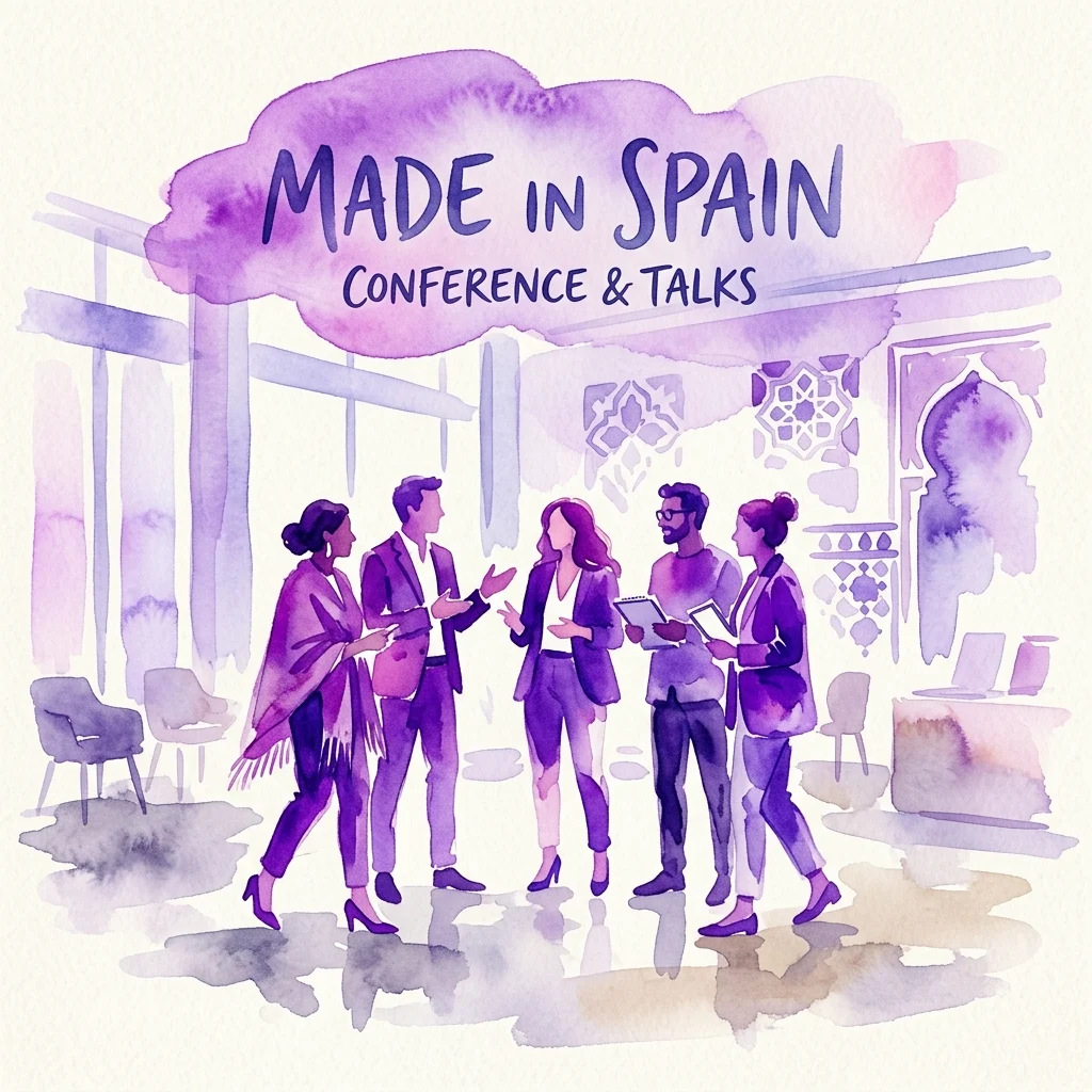 Ilustracja akwarelowa konferencji zatytułowanej 'Made in Spain: Conference & Talks', przedstawiająca różnorodnych profesjonalistów omawiających hiszpańską modę i komunikację w nowoczesnej przestrzeni eventowej z motywami kulturowymi.