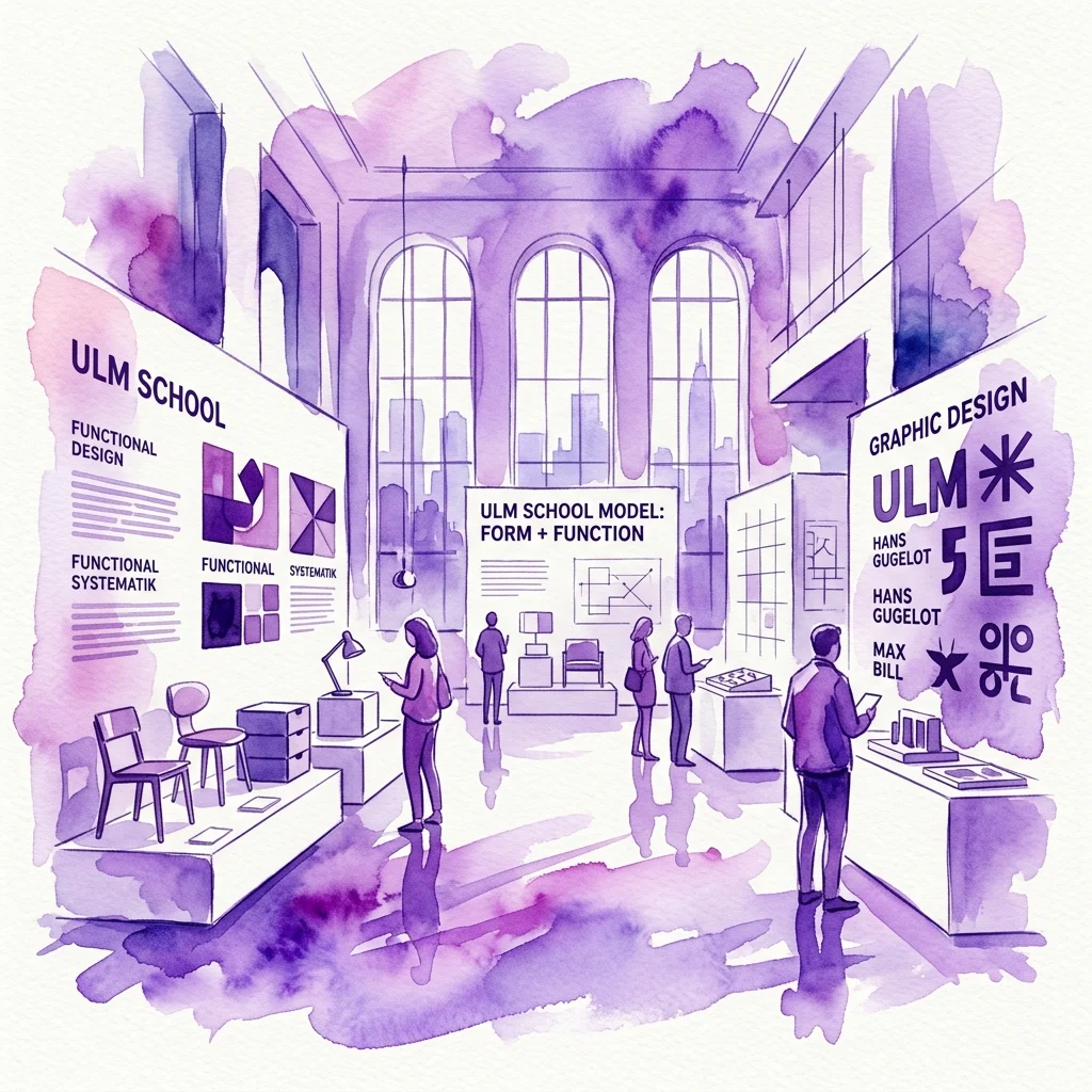 Ilustracja wystawy „Modelos de Ulm 1953–1968” w Museo Nacional de Artes Decorativas, prezentująca zasady projektowania, takie jak projektowanie funkcjonalne i projektowanie graficzne, z eksponatami mebli, lamp i paneli informacyjnych w nowoczesnej przestrzeni galerii.