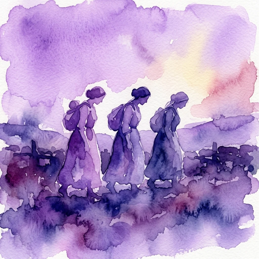 Ilustracja akwarelowa przedstawiająca trzy kobiety idące z plecakami, ukazane w odcieniach fioletu i błękitu, symbolizująca odporność i wytrwałość w trudnych czasach.