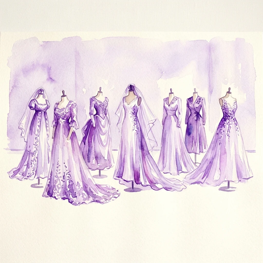 Watercolor illustration of seven wedding dresses on mannequins, showcasing historical bridal fashion in shades of purple and white.