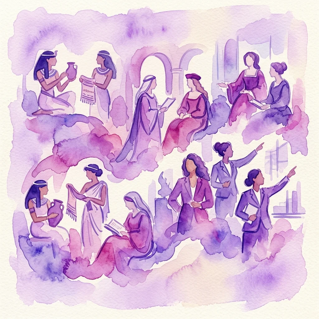 Ilustracja akwarelowa przedstawiająca kobiety z różnych okresów historycznych, od starożytnych cywilizacji po czasy współczesne, symbolizująca ewolucję ról i wzmocnienia pozycji kobiet na przestrzeni dziejów.
