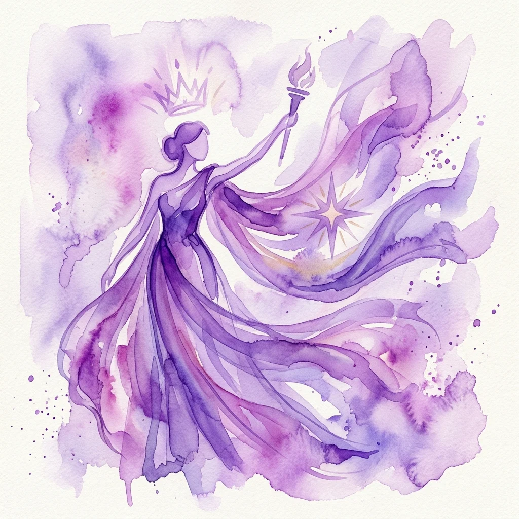A watercolor illustration of a woman in a flowing purple gown holding a torch, with a crown and star, symbolizing feminine power and leadership.