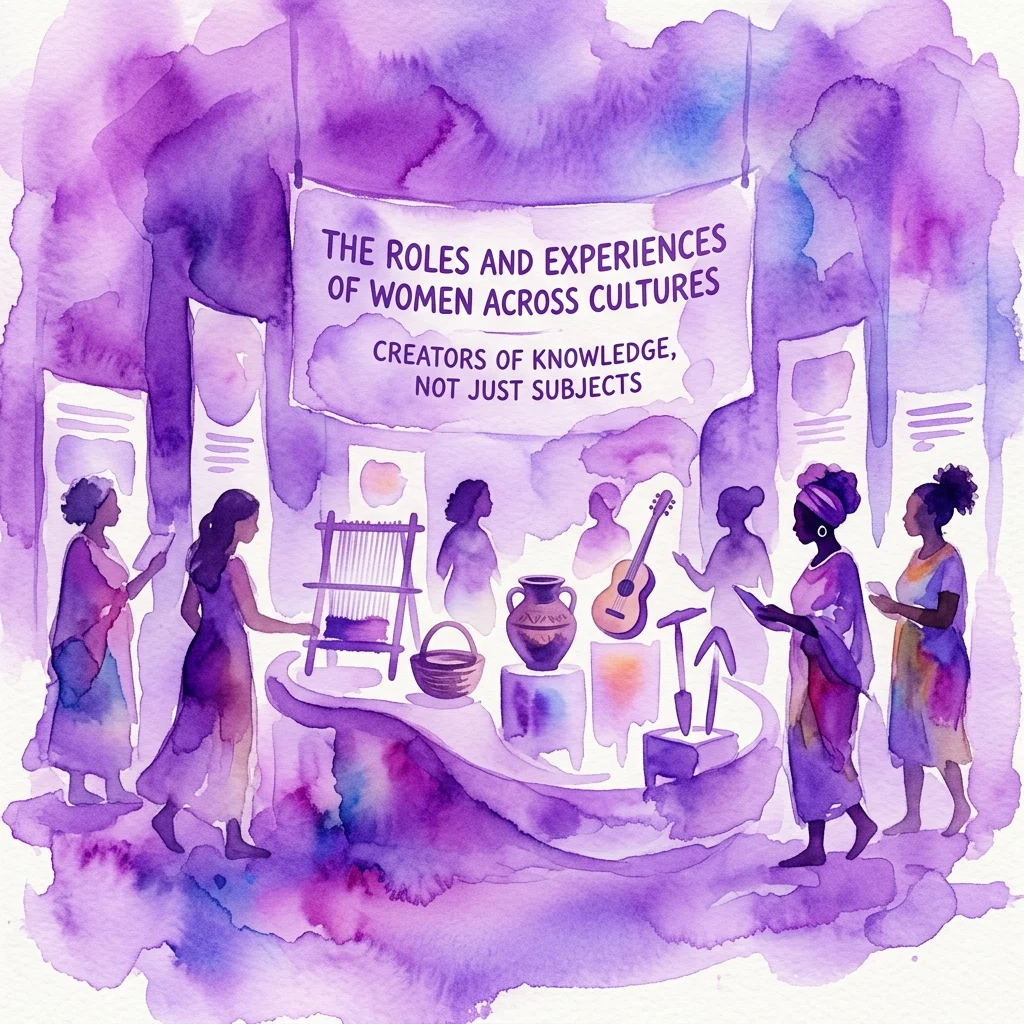 Waterverfillustratie van een tentoonstellingsopstelling met vrouwen uit diverse culturen met artefacten zoals een weefgetouw, aardewerk en een gitaar, onder een spandoek met de tekst 'De Rol en Ervaringen van Vrouwen in Verschillende Culturen: Kenniscreëerders, Niet Alleen Onderwerpen'.