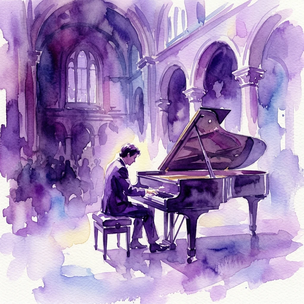 Una ilustración en acuarela del pianista Eduard Marquina-Selfa actuando en un piano de cola en un histórico salón de museo con ventanales arqueados e iluminación púrpura suave.