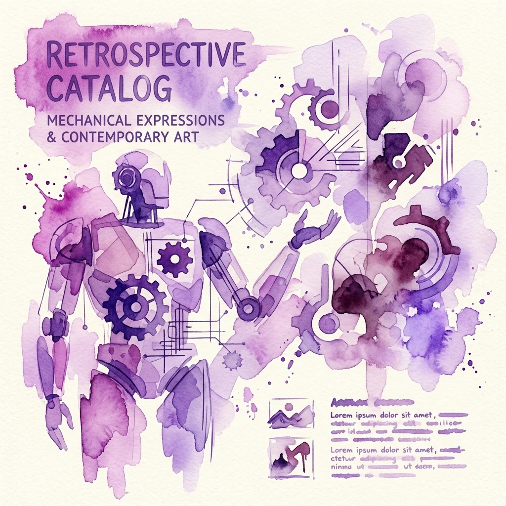 Portada de un catálogo retrospectivo titulado 'Retrospective Catalog: Mechanical Expressions & Contemporary Art', con ilustraciones abstractas en acuarela de autómatas y engranajes en tonos púrpuras.