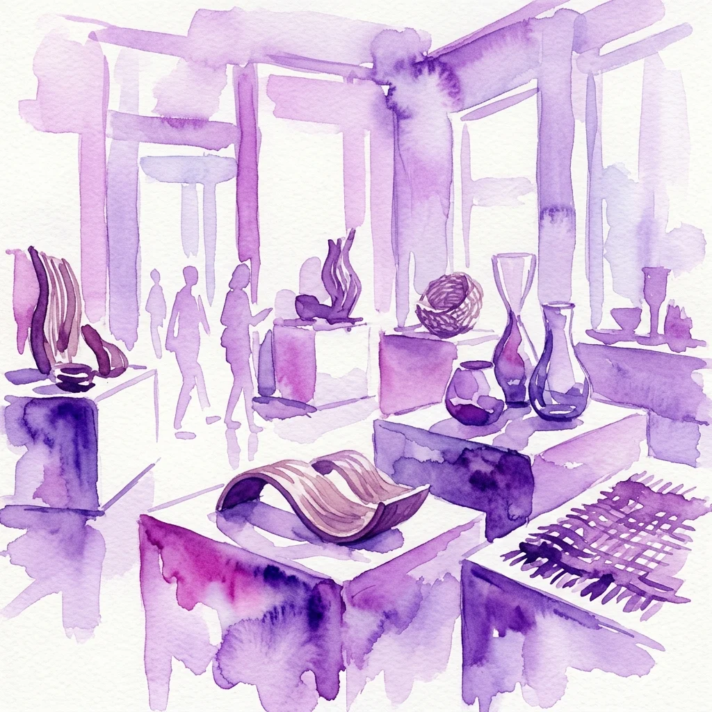 Watercolor illustration of the NowHere Finland 2012 exhibition, showcasing sustainable Finnish design objects made from recycled materials, displayed on pedestals in a modern gallery setting.
