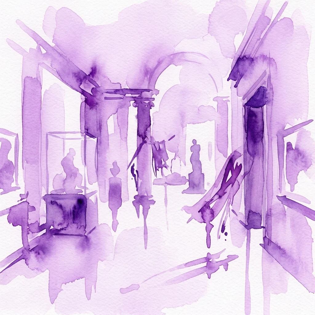 Een paarse aquarelillustratie van een museumgalerij met klassieke sculpturen en vitrines, die de tentoonstelling 'Objetos de deseo' in het Museo Nacional de Artes Decorativas vertegenwoordigt.