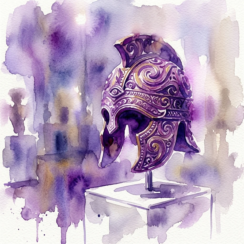 Een aquarelillustratie van een ingewikkeld gesneden houten helm uit de Visayaanse cultuur, tentoongesteld op een minimalistisch voetstuk in een museumgalerij met zachte verlichting.