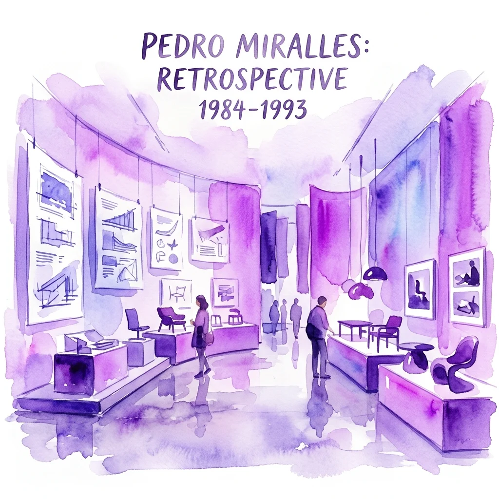 Watercolor illustration of the Pedro Miralles: Retrospective 1984-1993 exhibition, featuring design sketches, furniture models, and visitors in a gallery with purple and blue hues.