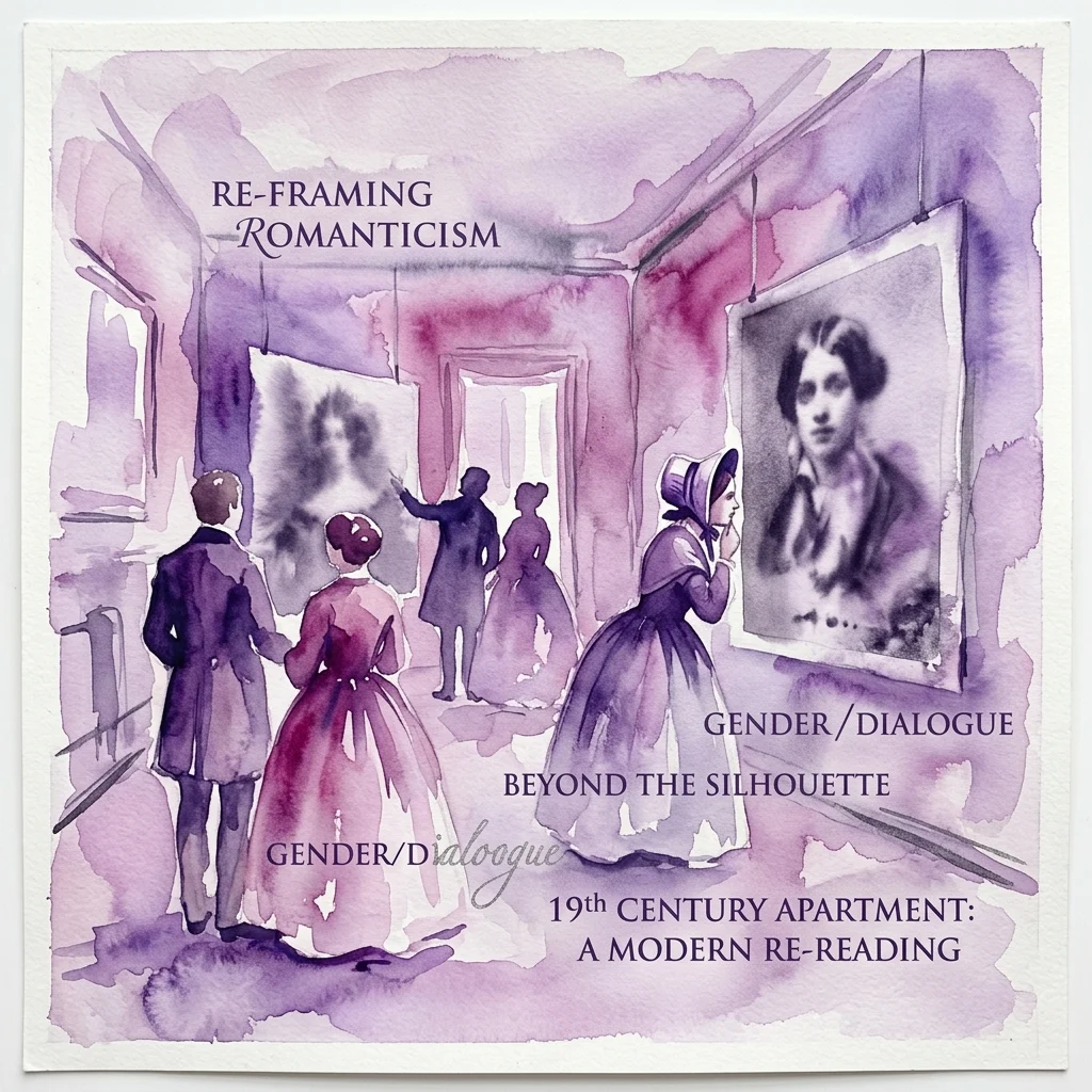 Ilustración en acuarela de un apartamento burgués del siglo XIX con gente vestida de época observando retratos, parte de la exposición 'Re-Framing Romanticism' que explora los roles de género y el diálogo.