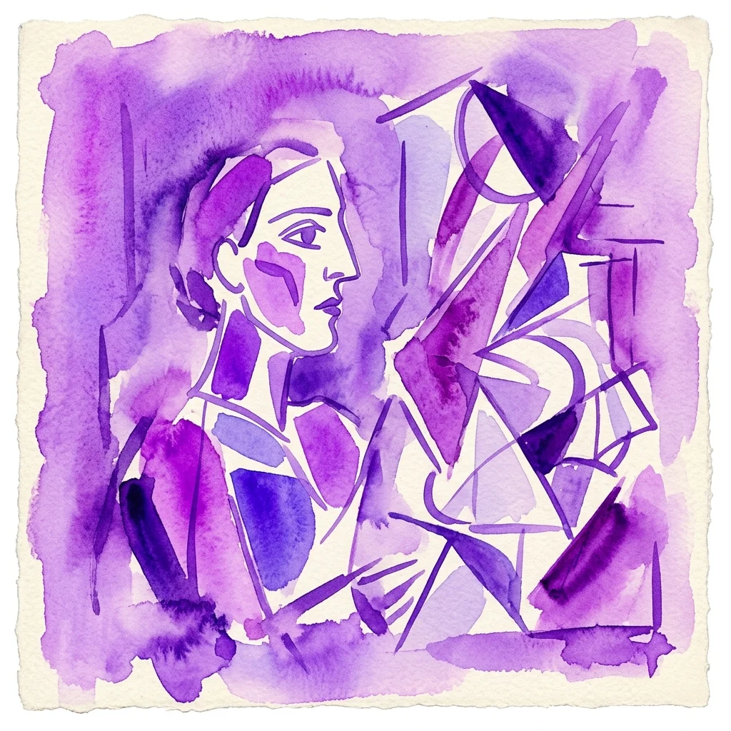Abstract purple watercolor artwork depicting a stylized female profile in profile, with geometric shapes and expressive brushstrokes, representing Picasso's 1906 modernist transformation.