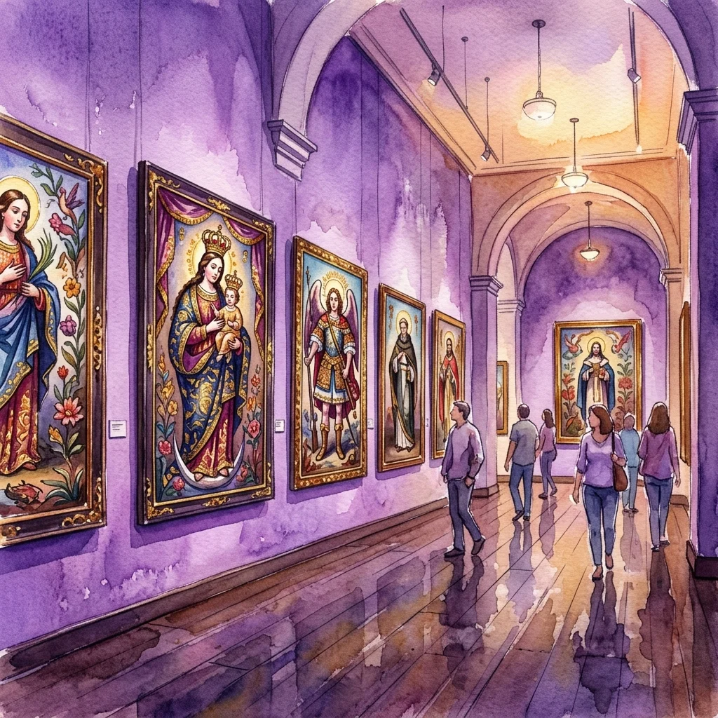 Ilustracja akwarelowa galerii muzealnej z fioletowymi ścianami, prezentująca obrazy z Cuzco z epoki kolonialnej przedstawiające postacie religijne w ozdobnych złotych ramach, z odwiedzającymi spacerującymi po drewnianej podłodze.