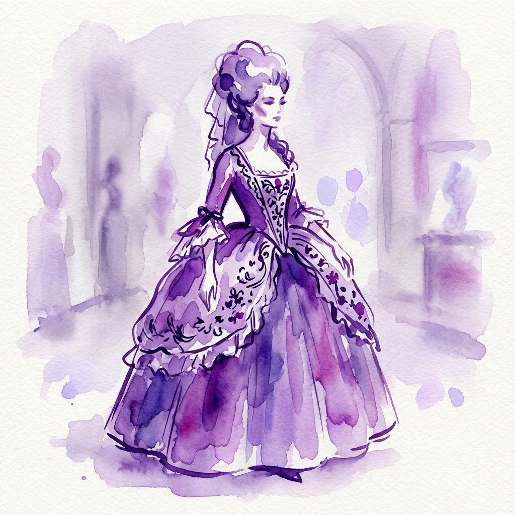 Ilustracja akwarelowa przedstawiająca kobietę w sukni dworskiej z końca XVIII wieku w stylu hiszpańskim, z obszerną fioletową spódnicą, misterne haftami i szalem typu 'fichu', na tle galerii muzealnej.