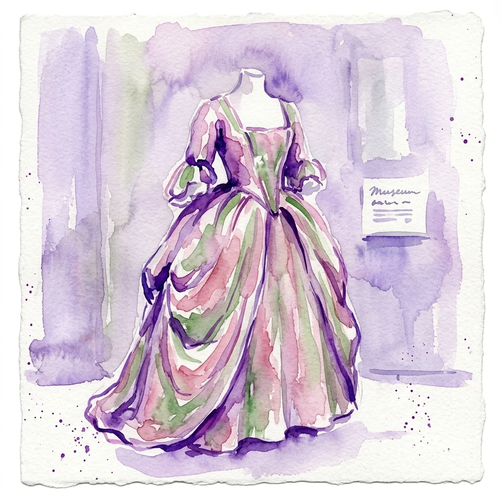 Ilustracja akwarelowa sukni polonaise z XVIII wieku w kolorach różowym, zielonym i fioletowym, wykonanej z jedwabiu, prezentowana w muzealnej scenerii z miękkim oświetleniem.