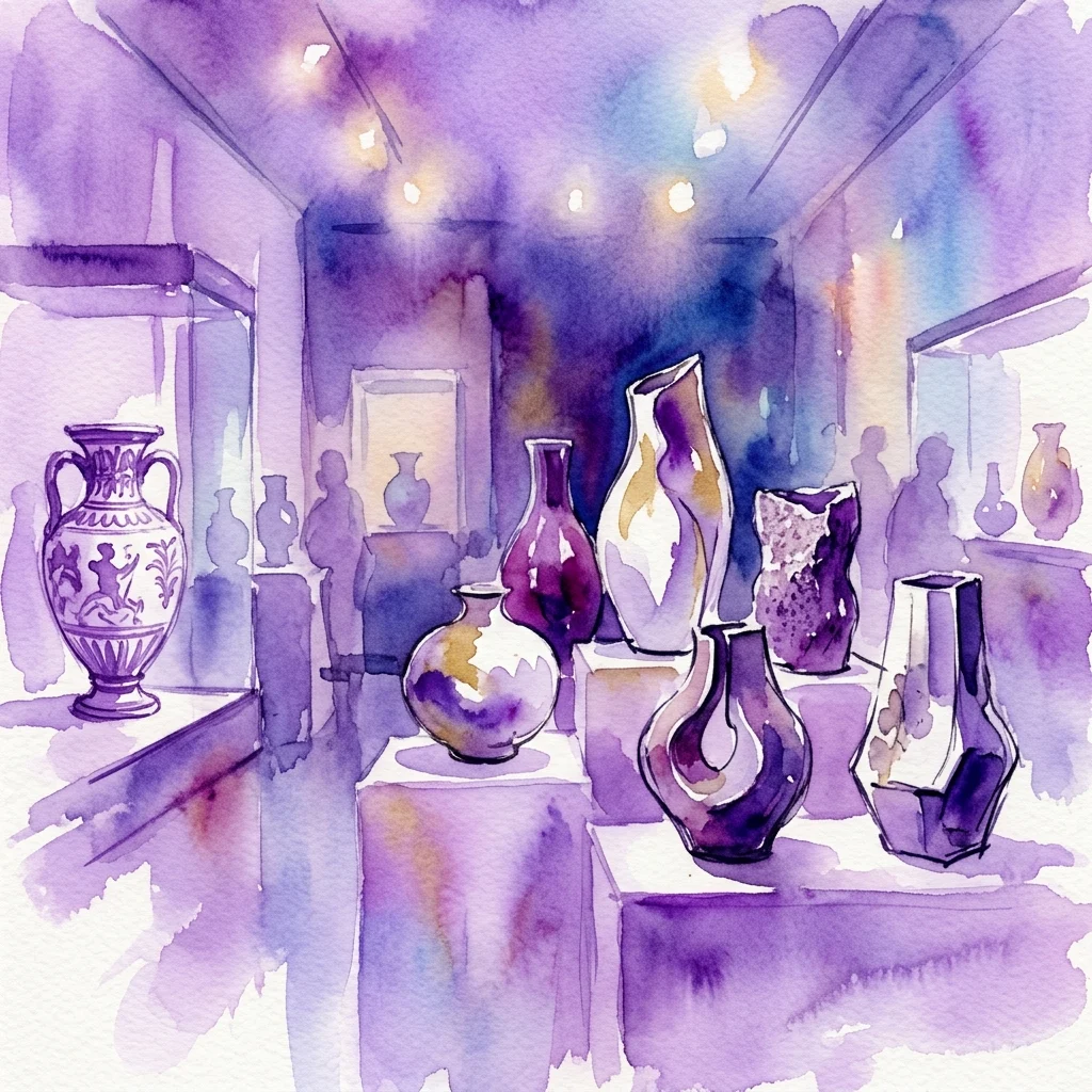 Ilustracja akwarelowa galerii muzealnej przedstawiającej wazony porcelanowe i rzeźby, prezentująca wystawę Porcelana + Vanguardia w Museo Nacional de Artes Decorativas z fioletowym i niebieskim oświetleniem.