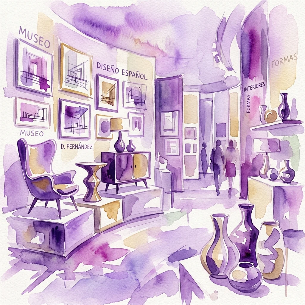 Ilustracja akwarelowa wnętrza wystawy w Museo Nacional de Artes Decorativas, prezentująca hiszpański design z meblami z połowy wieku, przedmiotami dekoracyjnymi i szkicami architektonicznymi w odcieniach fioletu i złota.