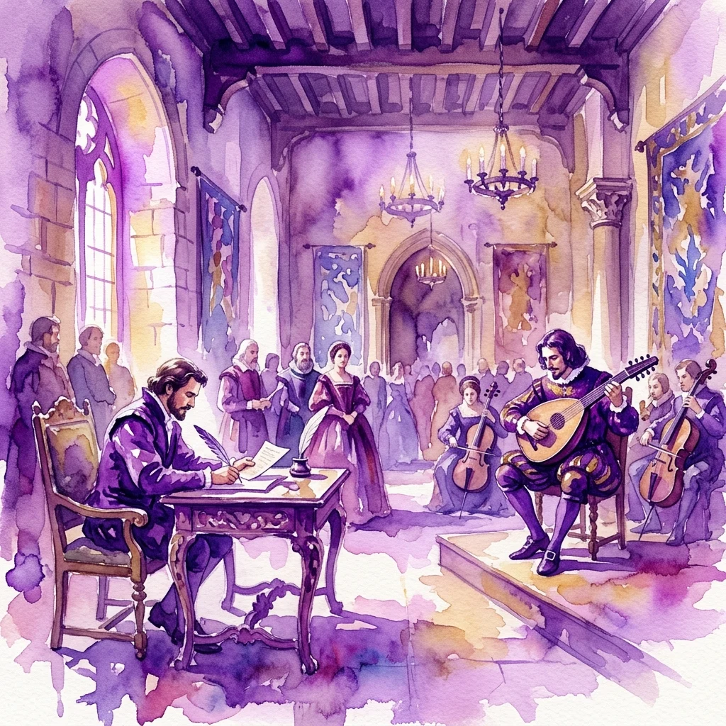 Ilustracja akwarelowa przedstawiająca scenę dworską z epoki renesansu z pisarzem przy biurku i muzykami grającymi na lutni i wiolonczeli, przywołująca atmosferę kulturalną dworu Lukrecji Borgii.