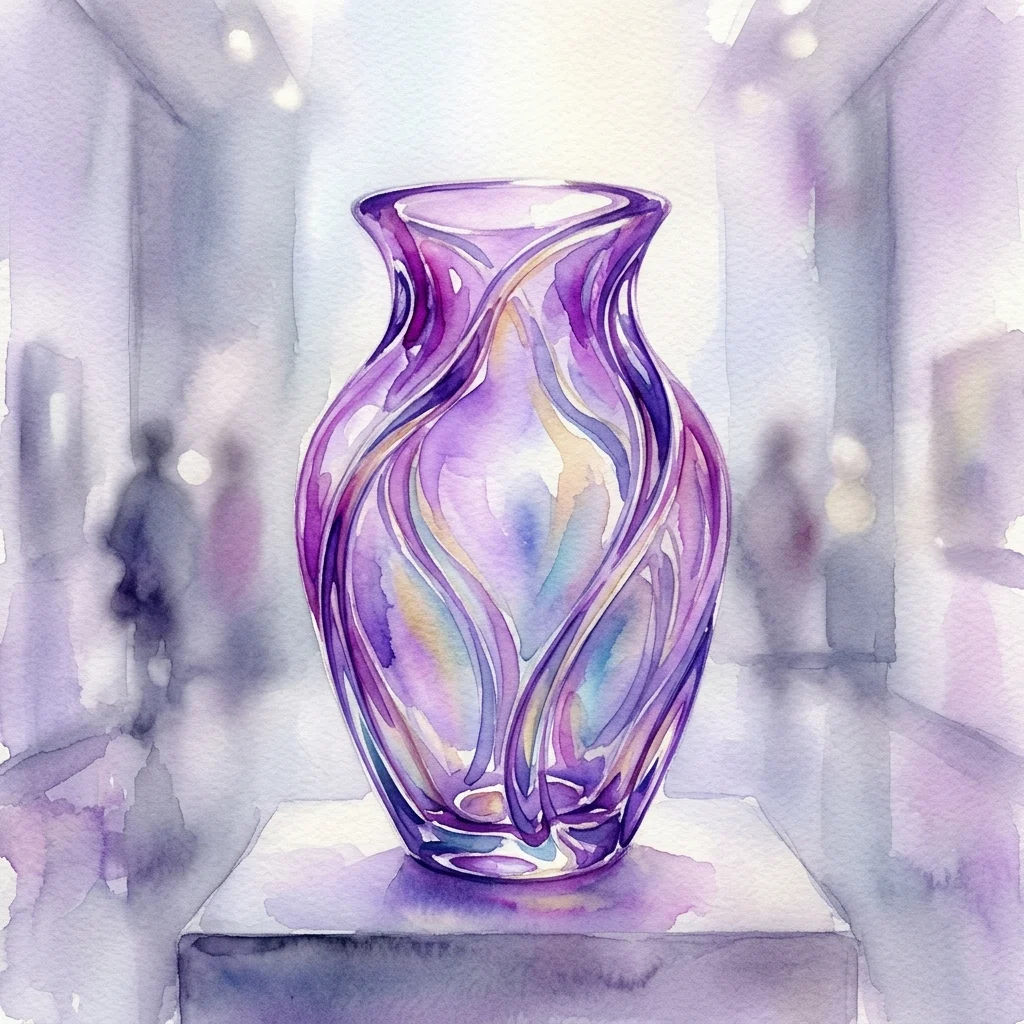 A vibrant iridescent purple glass vase with swirling organic lines, designed by Jutta Sika in 1902, displayed in a museum gallery setting.