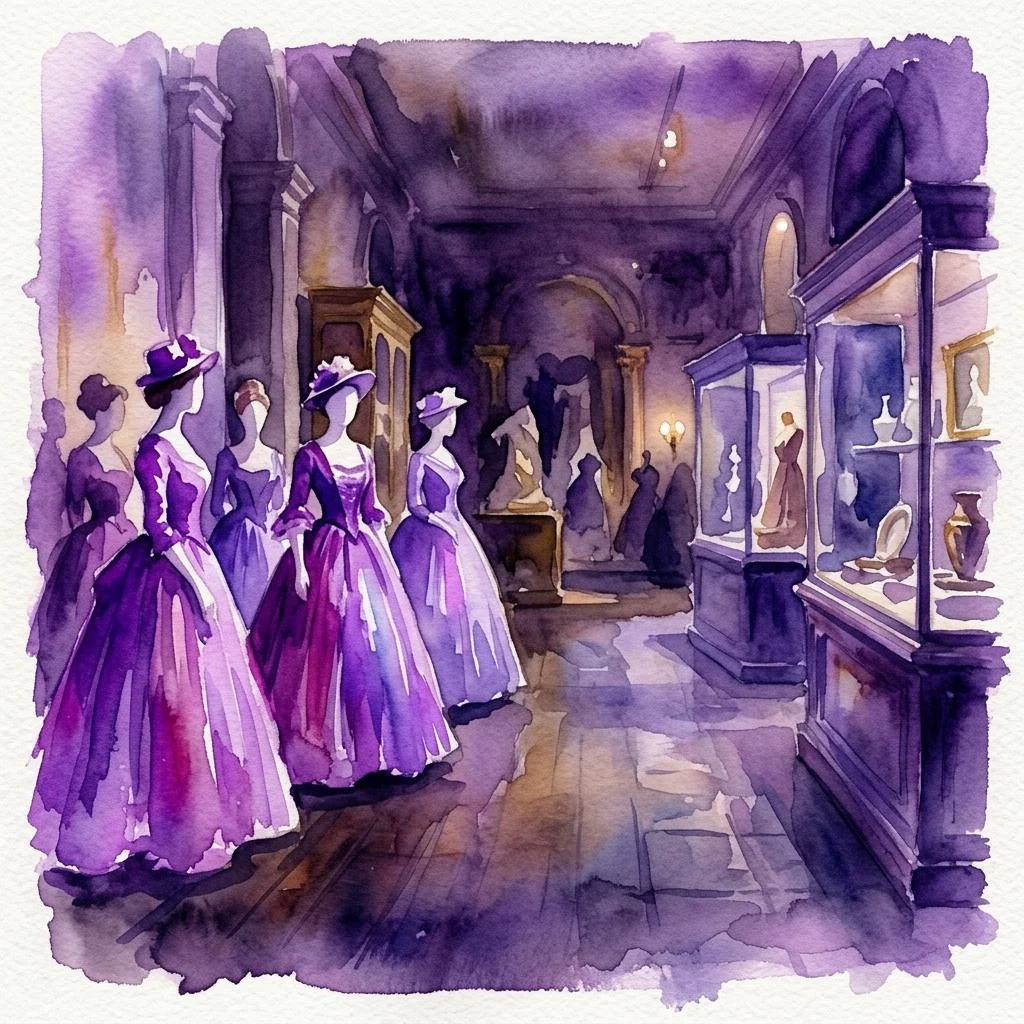 Ilustracja akwarelowa galerii muzealnej przedstawiająca manekiny w sukniach z epoki romantyzmu z XIX wieku, gabloty i artefakty historyczne, przywołująca modę Hiszpanii z lat 1833-1868.