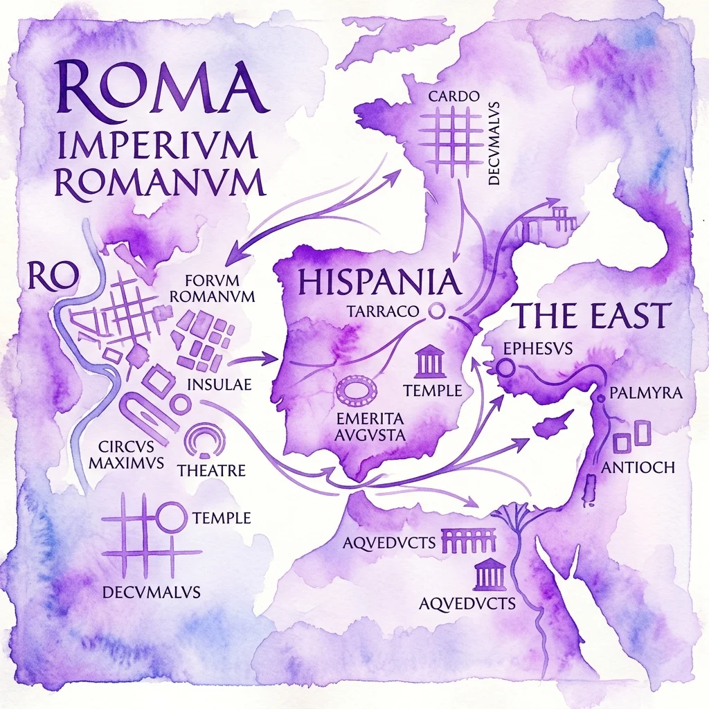 Fioletowa mapa wykonana techniką akwareli, ilustrująca rzymskie modele planowania urbanistycznego, ukazująca rozprzestrzenianie się od Roma Imperivm Romanvm do Hispania i Na Wschód, z oznaczonymi miejscami takimi jak Forvm Romanvm, Tarraco i Ephesvs.