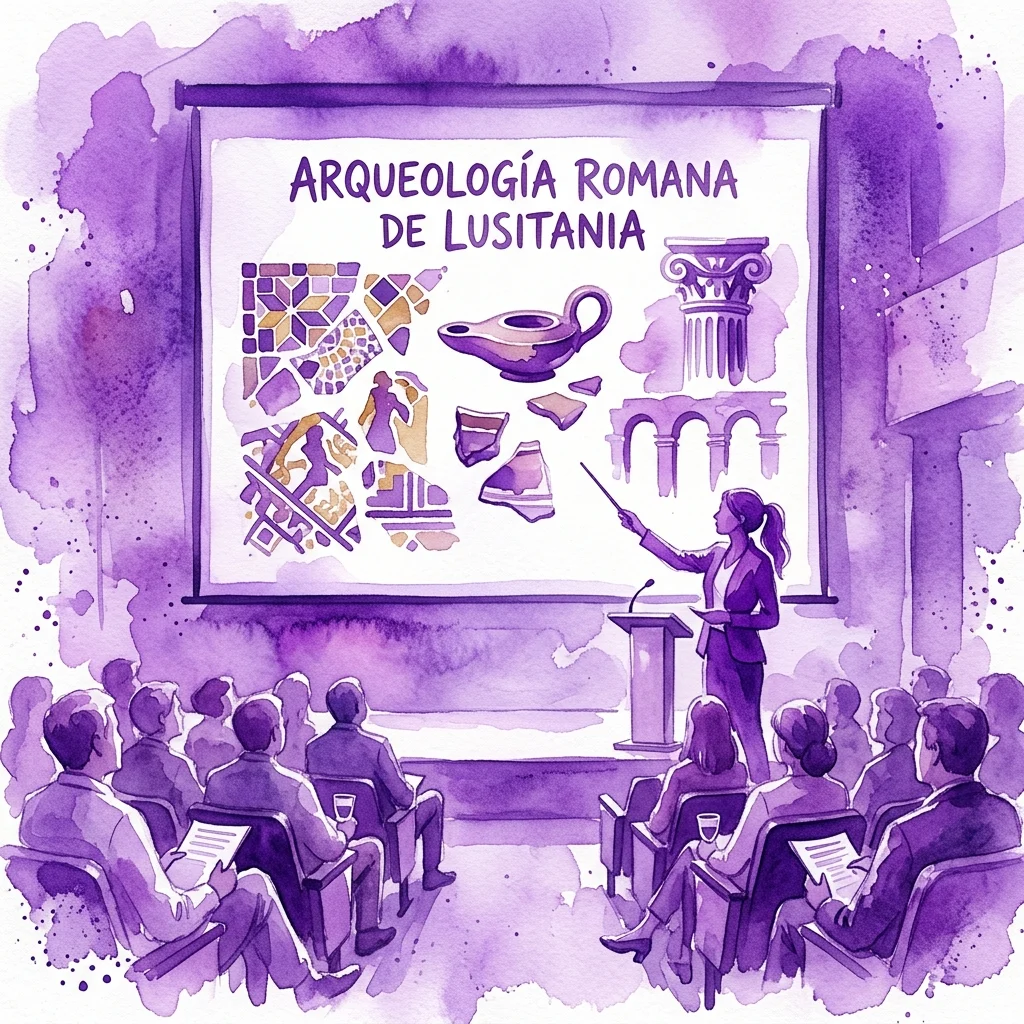 Ilustracja akwarelowa seminarium poświęconego rzymskiej archeologii Luzytanii, przedstawiająca prelegenta przy podium z wyświetlanym slajdem ukazującym starożytne artefakty, takie jak mozaiki, ceramika i fragmenty architektoniczne.