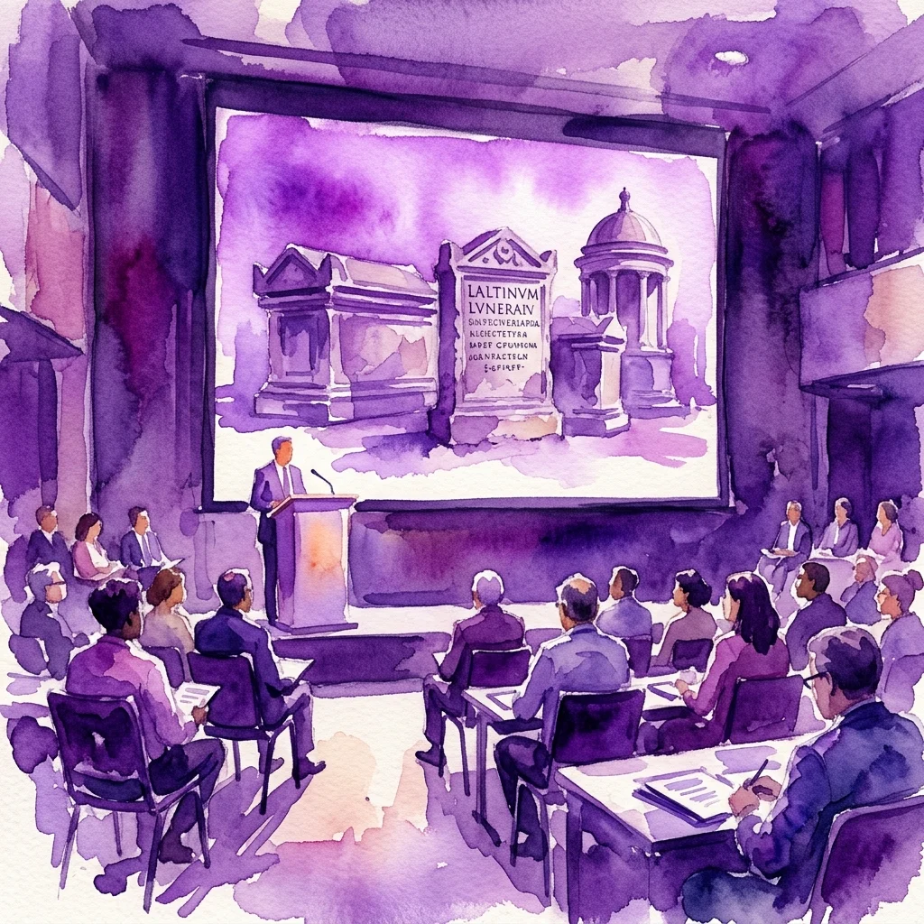 Waterverftekening van een seminar over Romeinse grafmonumenten, met een spreker bij een podium, publiek en een groot scherm met oude grafstenen en inscripties.