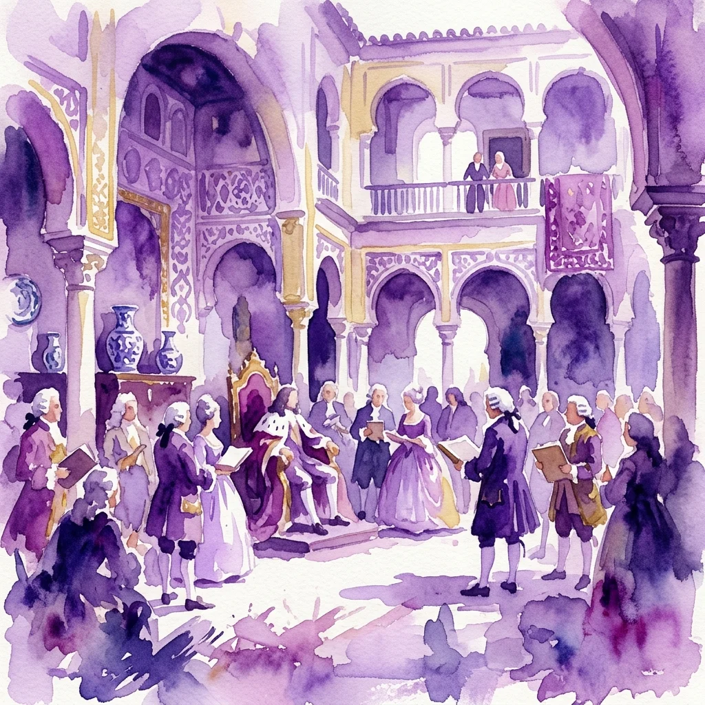 Ilustracja akwarelowa sceny z hiszpańskiego dworu z XVIII wieku w Sewilli, z postaciami w strojach z epoki zebranymi wokół postaci królewskiej, na tle ozdobnych łuków architektonicznych i balkonów.