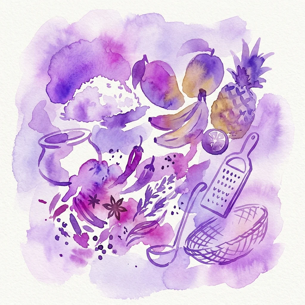 Een paarse aquarelillustratie van Filipijnse voedselingrediënten, waaronder rijst, bananen, ananas, specerijen en traditioneel keukengerei zoals een rasp en een pollepel, die de culinaire tradities van de Filipijnen vertegenwoordigen.