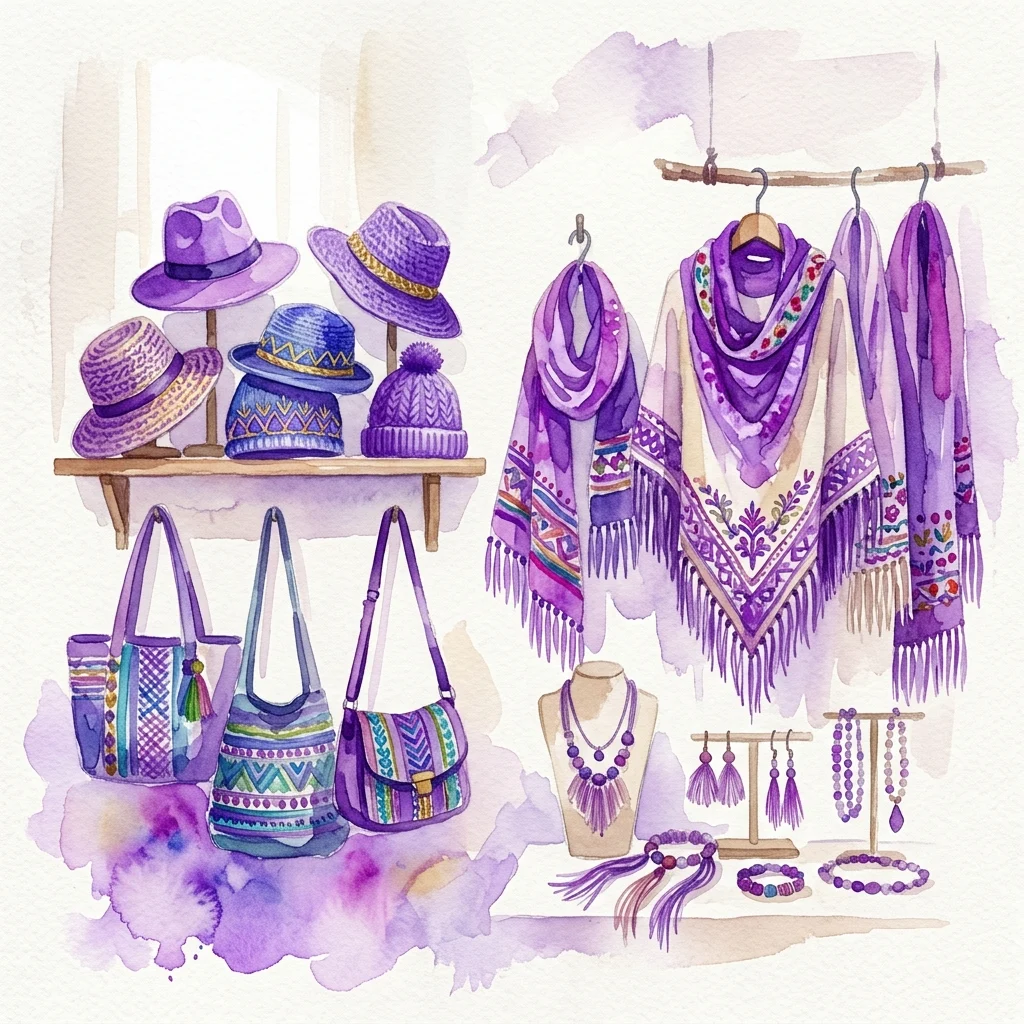 Ilustración en acuarela de diversos accesorios de moda textil que incluyen sombreros, bolsos, bufandas y joyas en tonos morados, que muestran intrincados patrones y artesanía.