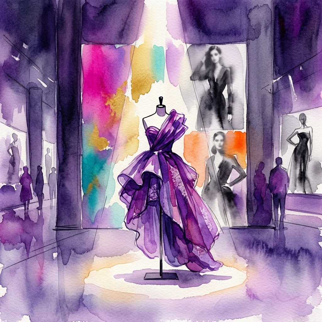 Een aquarelillustratie van een mode-expositie met een paarse, volumineuze japon op een paspop, omringd door kleurrijke abstracte panelen en zwart-wit modefotografie.