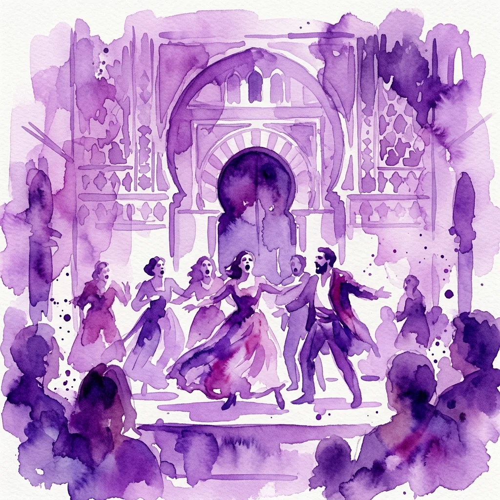 Ilustracja akwarelowa przedstawienia teatralnego w Synagodze del Tránsito, z aktorami występującymi na scenie pośród zabytkowej architektury, odzwierciedlająca tematykę dziedzictwa i ekspresji publicznej.