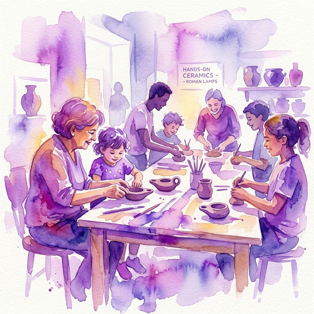 Een aquarelillustratie van een intergenerationele keramiekworkshop waarin deelnemers van alle leeftijden Romeinse olielampen maken aan een tafel in een museumatelier.