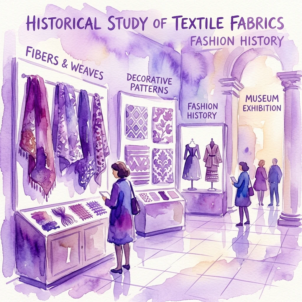 Waterverfillustratie van een museumexpositie over textielstoffen, met secties over vezels, weefsels, decoratieve patronen en modegeschiedenis, terwijl bezoekers displays bekijken.