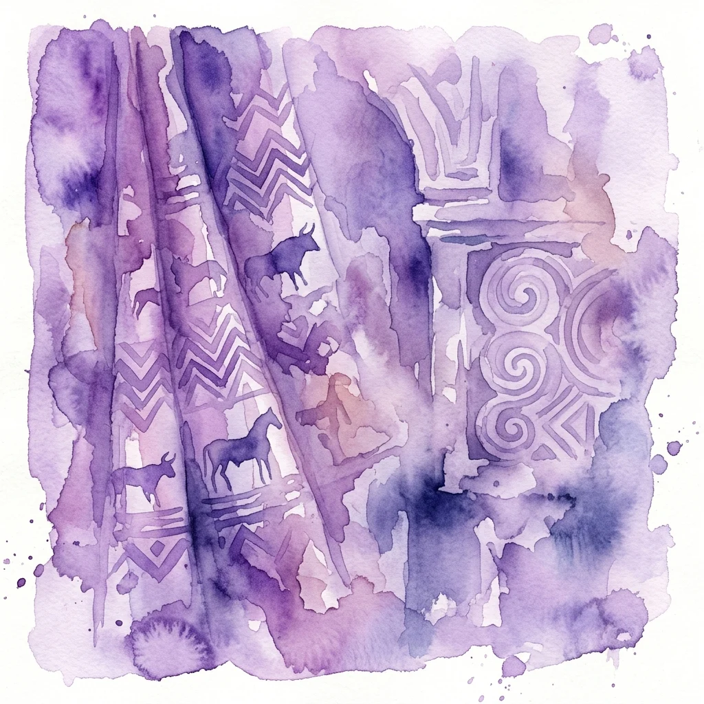 Watercolor artwork in purple hues depicting abstract patterns and silhouettes of animals and archaeological sculptures, representing Teresa Lanceta's reconstruction of lost Iberian textiles.