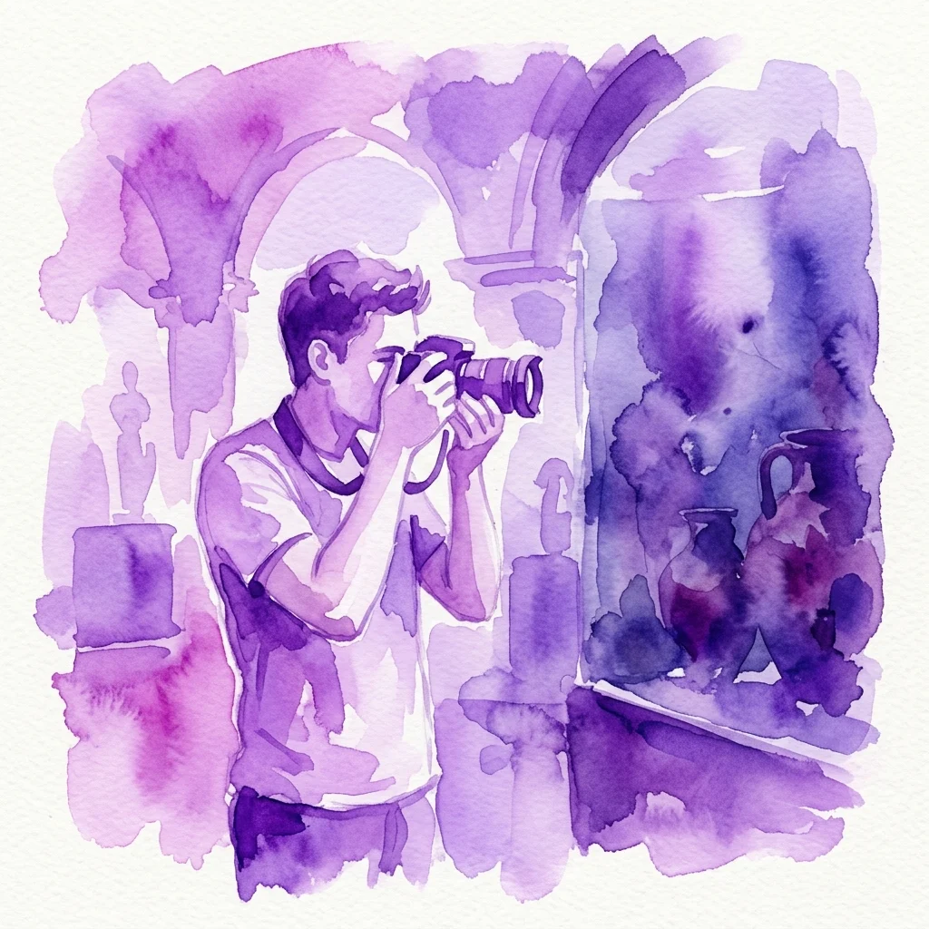 Een aquarelillustratie van een jonge fotograaf die oude artefacten fotografeert in een museumgalerij, ter representatie van de TiRa La FoTo fotografiewedstrijd.