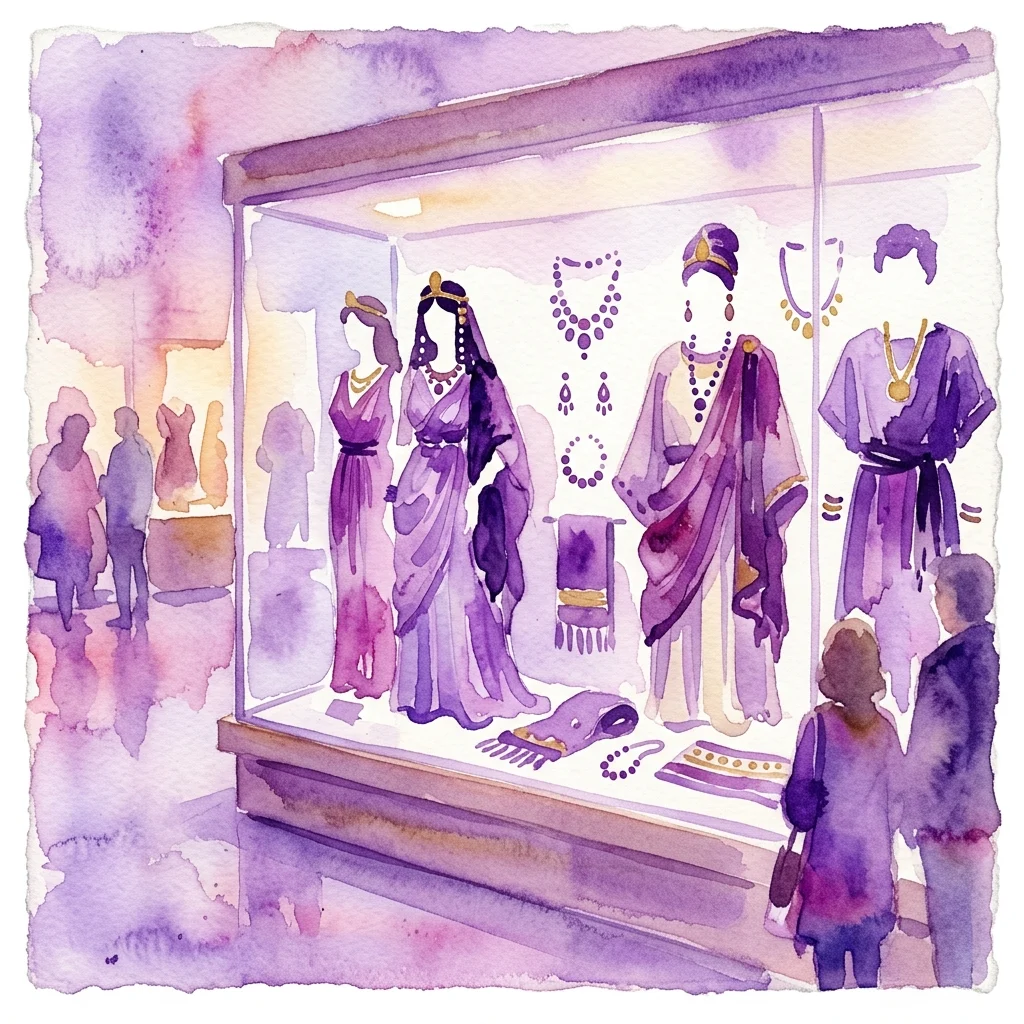 Ilustracja akwarelowa gabloty muzealnej prezentującej starożytne stroje i biżuterię, z odwiedzającymi oglądającymi wystawę na temat 'Tiempos lejanos' (Dawne Czasy).