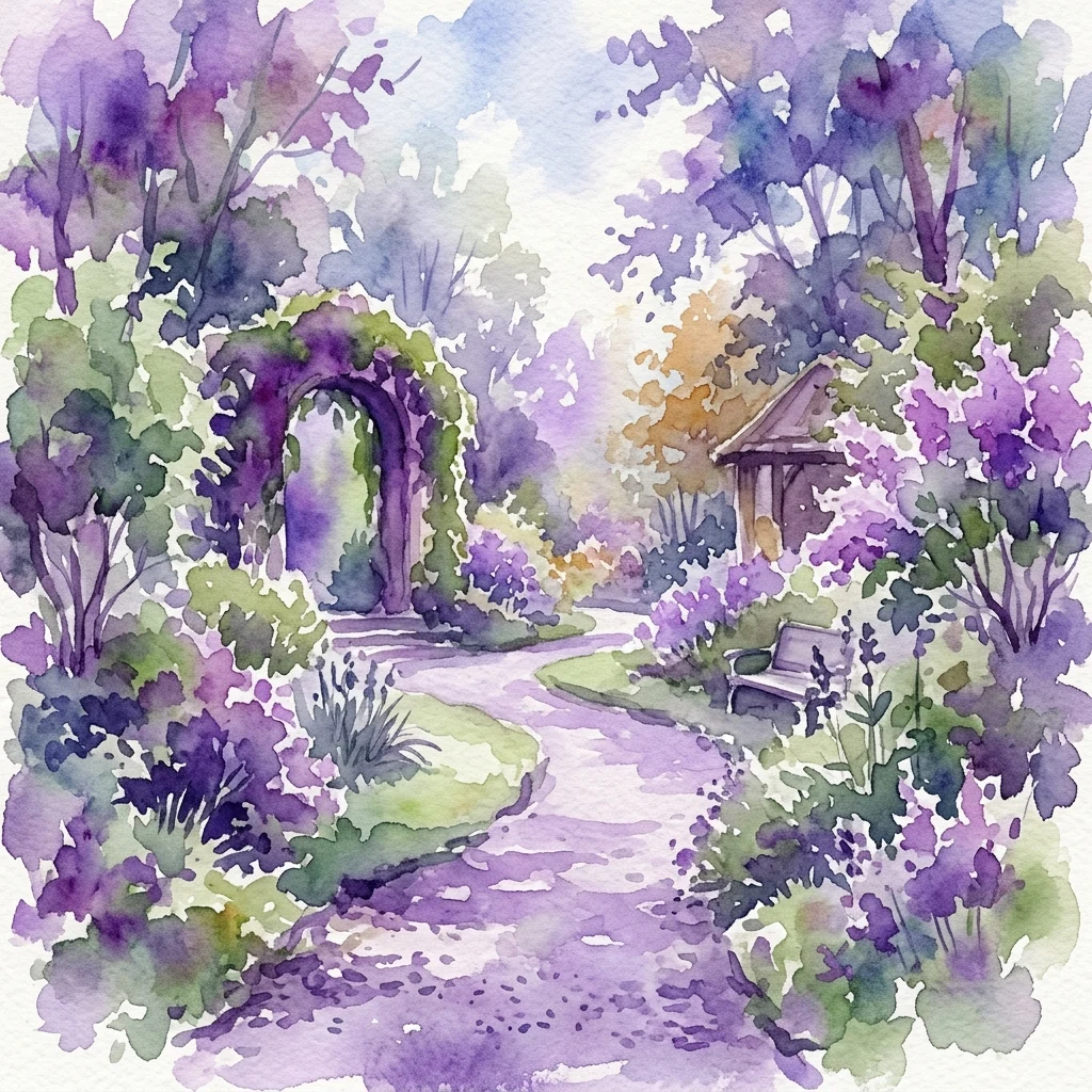 Una acuarela de un sereno jardín alemán con un sendero sinuoso, un arco de flores púrpuras y un banco de madera rodeado de exuberante vegetación y flores púrpuras.