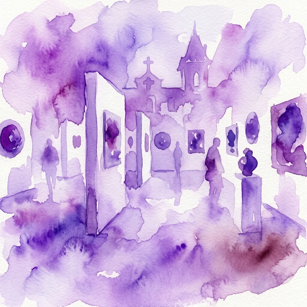 Fioletowa akwarelowa ilustracja wnętrza galerii sztuki z sylwetkami postaci oglądających dzieła sztuki, przywołująca kontemplacyjną atmosferę.