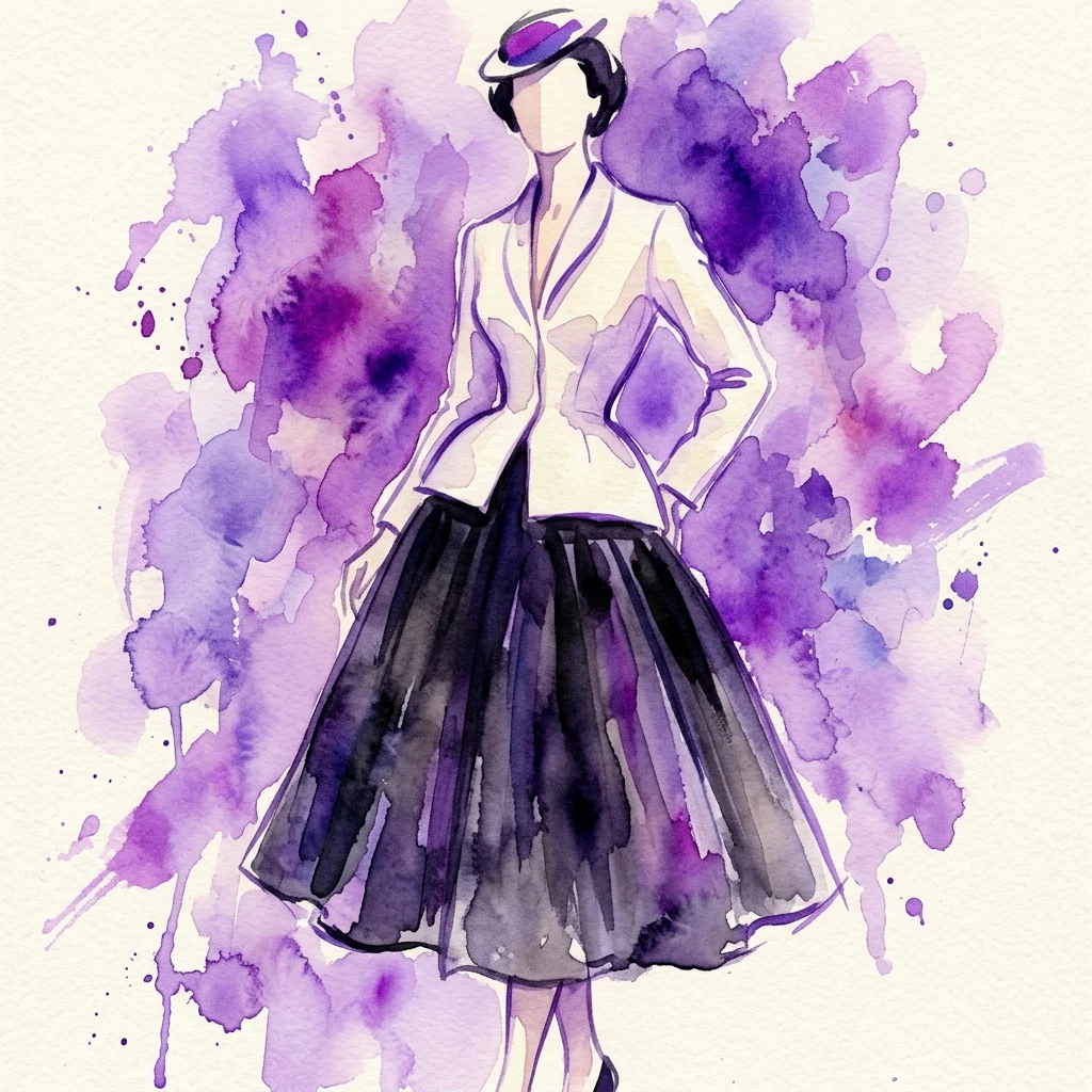 Watercolor illustration of a woman wearing a fitted ivory silk jacket and a black taffeta skirt, representing Christian Dior's iconic 'Bar' suit from 1947.