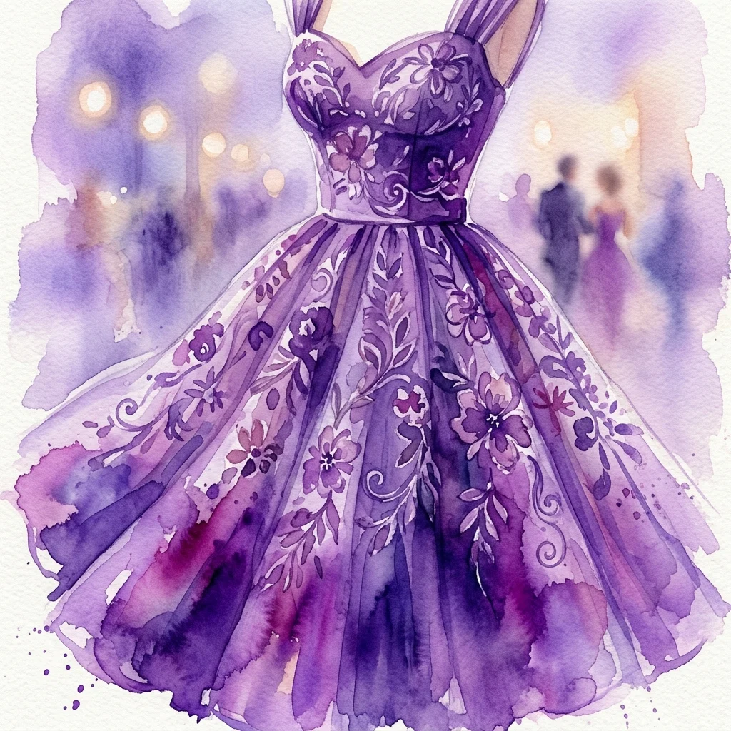 Ilustración en acuarela de un vestido de cóctel morado con bordados florales, diseñado por Pedro Rodríguez, que refleja la elegancia de la alta costura española de los años 50.
