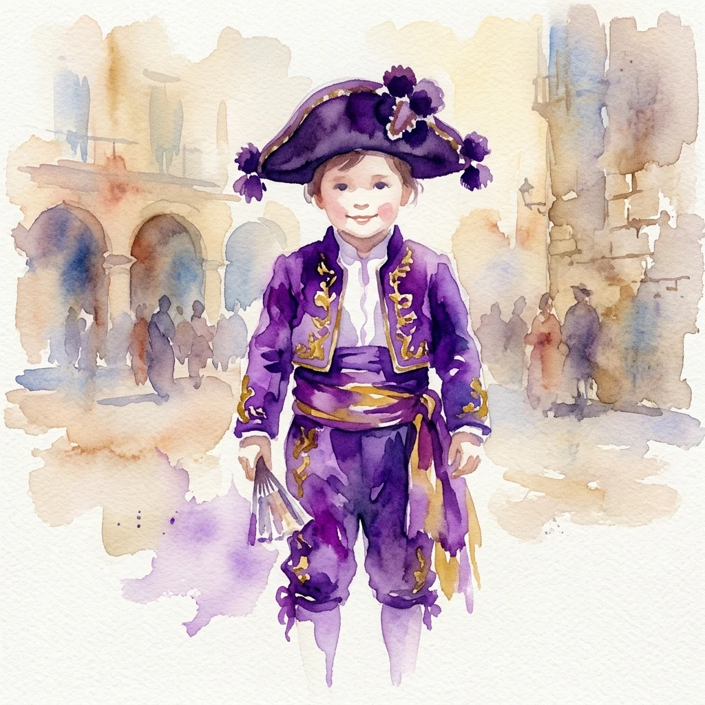 Una ilustración en acuarela de un niño con un traje goyesco morado con bordados dorados, un sombrero de tricorne y un abanico, ambientada en una escena de calle histórica española.