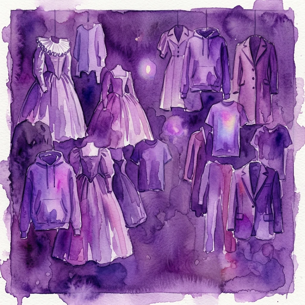Een aquarelillustratie van diverse kledingstukken, waaronder jurken, hoodies en pakken in verschillende tinten paars, die identiteit en sociale rollen in hedendaagse kunst symboliseren.