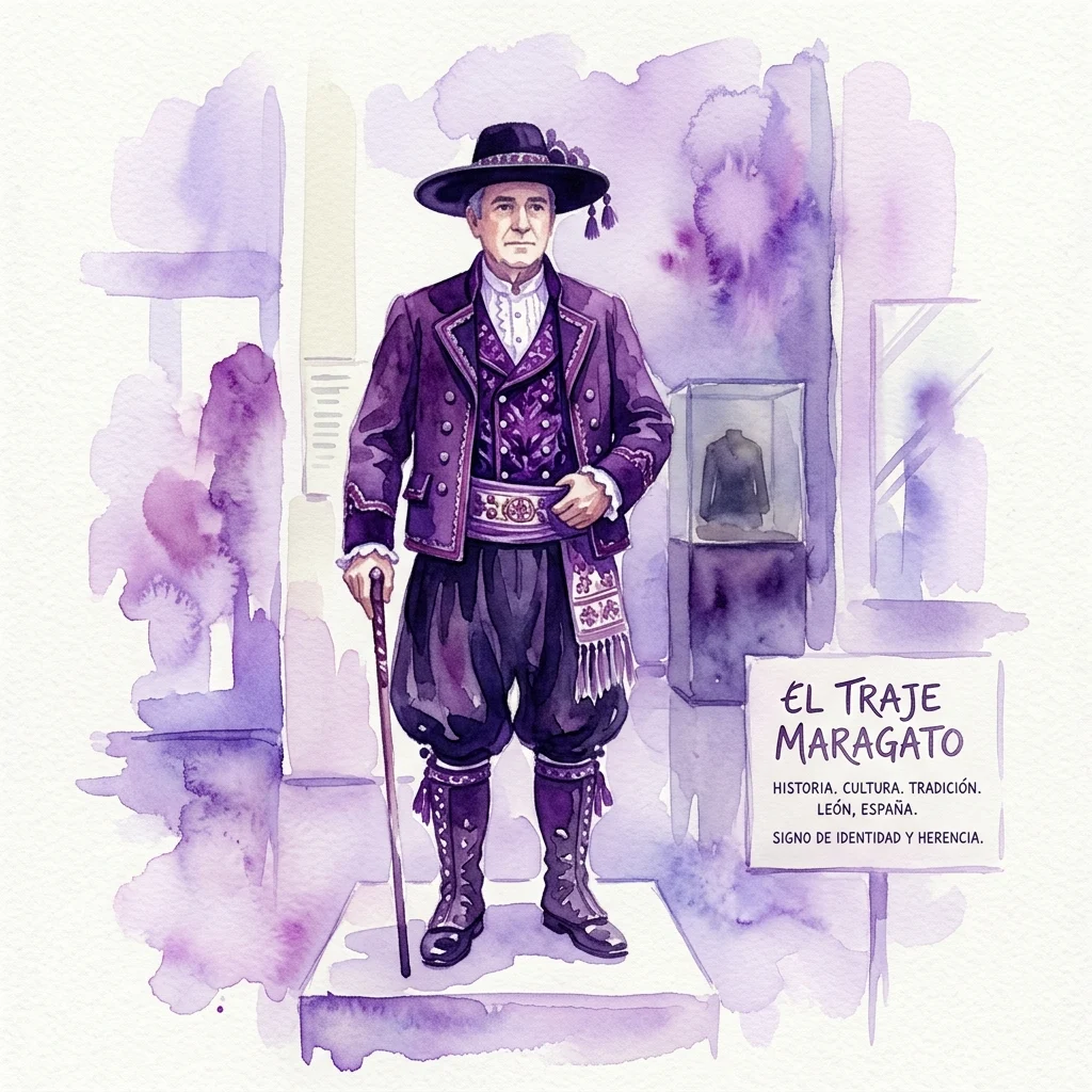 Ilustracja akwarelowa mężczyzny w tradycyjnym stroju Maragato, przedstawiająca fioletową kurtkę, kapelusz i buty, prezentowana w muzeum z tabliczką informacyjną.