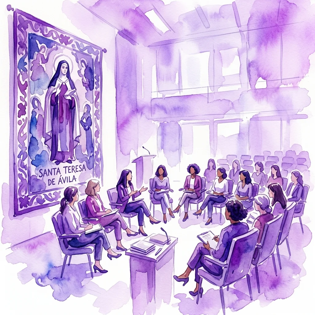 Una ilustración en acuarela de una sala de conferencias donde mujeres están sentadas en círculo discutiendo, con un gran tapiz de Santa Teresa de Ávila en la pared, reflexionando sobre las creadoras de hoy.