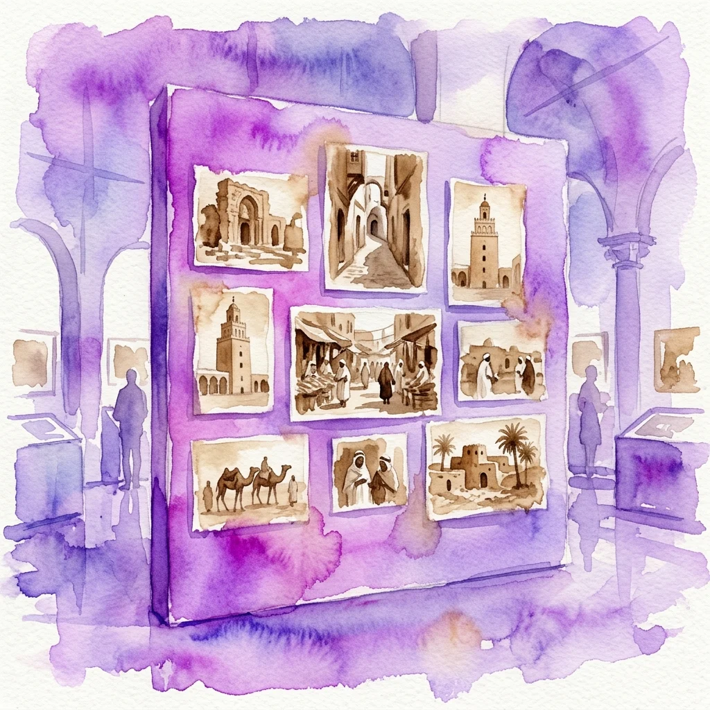 Ilustracja akwarelowa wystawy muzealnej przedstawiająca pocztówkowe, sepiowe fotografie historyczne tunezyjskich krajobrazów, architektury, bazarów i ludzi z końca XIX wieku.